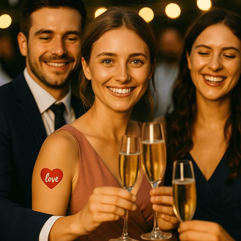 Die Frau in der Mitte trägt ein ärmelloses, rosafarbenes Kleid und hat ein kleines, rotes temporäres Herztattoo mit der Aufschrift „love“ auf ihrem Oberarm.