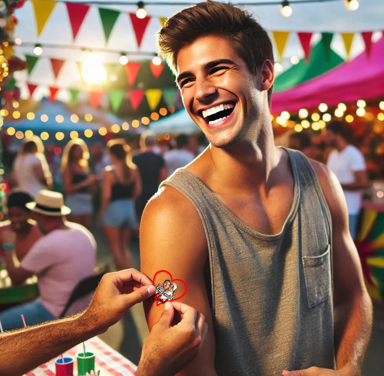 Mann mit Oberarm Tatto Herz mit Paar und Text